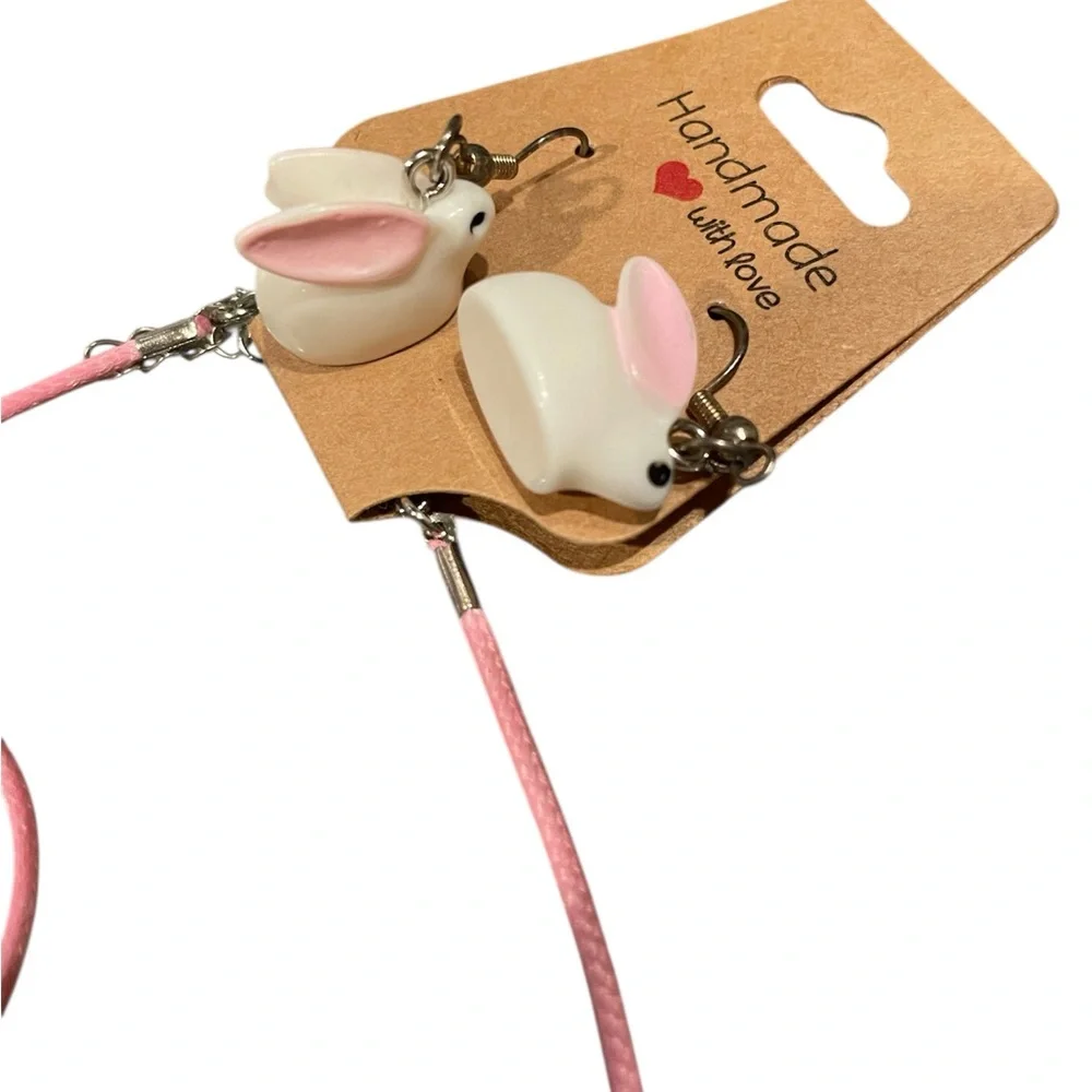 Handmade Bunny‎ Earrings and Necklace Set - Pink and White